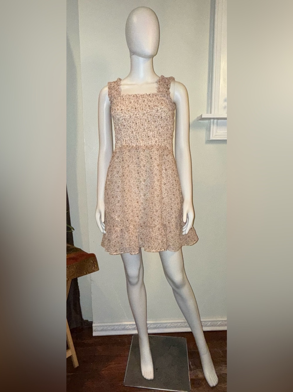 Madewell Cream Floral Smocked Mini Dress